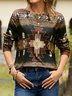 Western Ethnic Print Crew Neck Long Sleeve T-Shirt