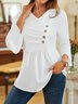 Plain V Neck Casual Buttoned Top