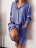 Pockets Buttoned Solid V Neck Shift Daily Cotton-Blend Weaving Dress