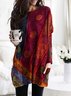 Women Long Sleeve Casual Printed Cotton-Blend Red Tunic Top