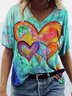 Love Painting Print T-shirt  V Neck Casual T-shirt