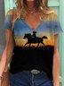 Girl And Horse Silhouette Artistic Conception Print V-Neck T-Shirt