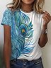 Women's Painting T shirt Color Block Feather Print Round Neck Basic Tops Blue