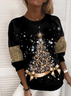 Women Crew Neck Shiny Christmas Tree Cotton Blends Sweatshirt