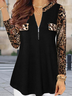 Long sleeve V-neck zipper leopard print top women's shirts