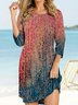 Color gradient loose holiday 7 / 4 sleeve dress middle skirt