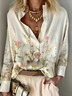 Floral Print Casual Stand Collar V-neck Long-sleeve Blouse Tops