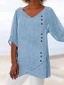 Women's Cotton Short Sleeve Shirt Summer Plain V Neck Daily Going Out Casual Tunic Top Blue