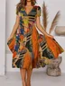 Women's vacation dress Tropical Print Casual Floral Vacation V Neck Midi Hawaiian Dress