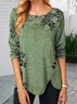 Women Casual Floral Printed Long Sleeve Crew Neck Tunic Top With Irregular Hem 