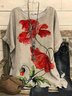 JFN Crew Neck Floral Casual Red Flower Batwing Sleeve Slit Top