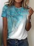 JFN Crew Neck Ombre Color Block Leaves Floral Casual Cotton-Blend T-Shirt