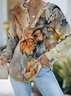 JFN V Neck Casual Cotton-Blend Maple Leaf Print Buttoned Sweatshirt