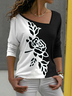 JFN Asymmetrical Neck Floral Rose Color Block Casual Long Sleeve Tops T-shirt/Tee