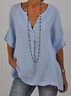 Casual Cotton Plain Blouse V Neck Tunic Shirt
