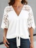 JFN V Neck Lace Casual Plain Knot Front Loose Top