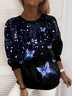 Women Casual Blue Shiny Butterfly Loose Sweatshirt