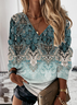 JFN V Neck Blue Ethnic Long Sleeve Loose Sweatshirt