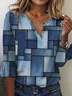 Women Geometric Shawl Collar Loose Casual Flare Sleeve Blue Top