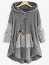 Women Color Block Fluff/Granular Fleece Fabric Cat Zipper Hooded Coat