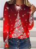 Women's Red Long Sleeve Tunic Tops Christmas Tree Printed