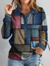 Women Casual Shawl Collar Color Block Blue Long Sleeves Top
