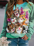 Casual Cat Crew Neck Loose Floral Sweatshirt