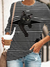 JFN Crew Neck Striped Cat Casual Long Sleeve Sweatshirt