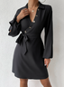 Surplice Neck Button Detail Split Lantern Sleeve Belted Dress