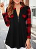 JFN V Neck Long Sleeve Zipper Plain Geometric Plaid Top