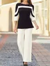 JFN Crew Neck Striped Business Casual Work Outfit Elegant Two-Piece Set Top with Pants