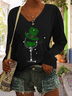 Women's St Patricks Day Shamrock Wine Glass Print Long Sleeve V Neck T-Shirt