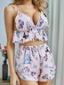 Sexy Deep V Butterfly Print Pajamas Camisole Shorts Casual Homewear Set