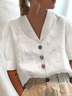 JFN Cotton Loose Shawl Collar Buttoned Short Sleeve Blouse