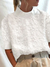 Women's Cotton Linen Lace Lapel Button Down Short Sleeve Shirt