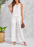 Loose Crew Neck Casual Linen Cut Out Side Tank Top & Drawstring Waist Wide Leg Pants