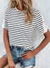 Color Block Casual Loose Striped Contrast Lace T-Shirt