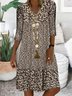 Brown Three Quarter V Neck Floral Shining Midi Smock Dress
