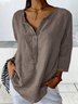 Women's V-neck 3/4 sleeves Plain Linen Shirt