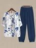 Women Floral Buckle Two-Piece Set Daily Three Quarter Sleeve Casual Spring/Fall Top With Pants Matching Set