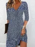 Women's Ditsy Floral Three Quarter Sleeve Spring/Fall Dress V Neck Daily Casual Midi T-Shirt Dress H-Line Dress