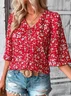 Women Floral Three Quarter Sleeve Blouse Spring/Fall V Neck Bell Sleeve Daily Casual Top