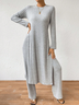 Loose Plain Crew Neck Casual Ribbed Knit Split Hem Tee & Pants Two-Piece Set