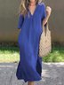 Women Plain Short Sleeve Summer Dress V Neck Daily Casual Maxi H-Line Dress