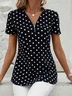 Women's Short Sleeve Blouse Summer Dark Blue Polka Dots Zipper V Neck Going Out Top