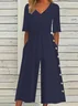 Women's Plain V Neck Short Sleeve Vacation Summer Cotton Jumpsuit
