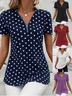 Women's Short Sleeve Blouse Summer Dark Blue Polka Dots Zipper V Neck Going Out Top