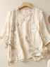 Women Plain Three Quarter Sleeve Blouse Spring/Fall Embroidery Shirt Collar Daily Casual Top