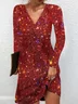 Women Sequin Long Sleeve Spring/Fall Dress V Neck Party Holiday Casual Midi H-Line Dress