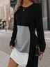 Women's Long Sleeve Spring/Fall Multicolor Block Dress Crew Neck Daily Going Out Casual Midi T-Shirt Dress H-Line Dress